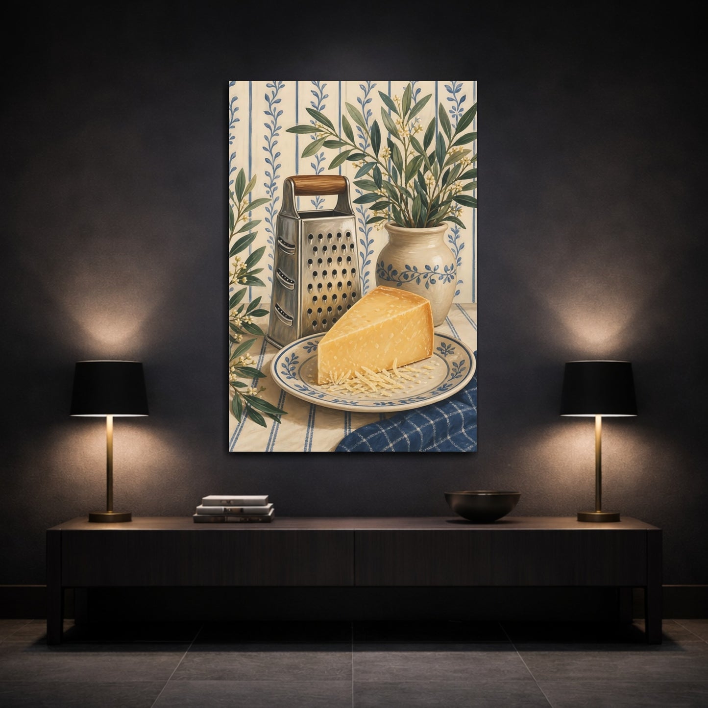 Mockup 3. Vintage Parmesan Cheese Blue And Yellow Kitchen shown as stretched canvas wall art