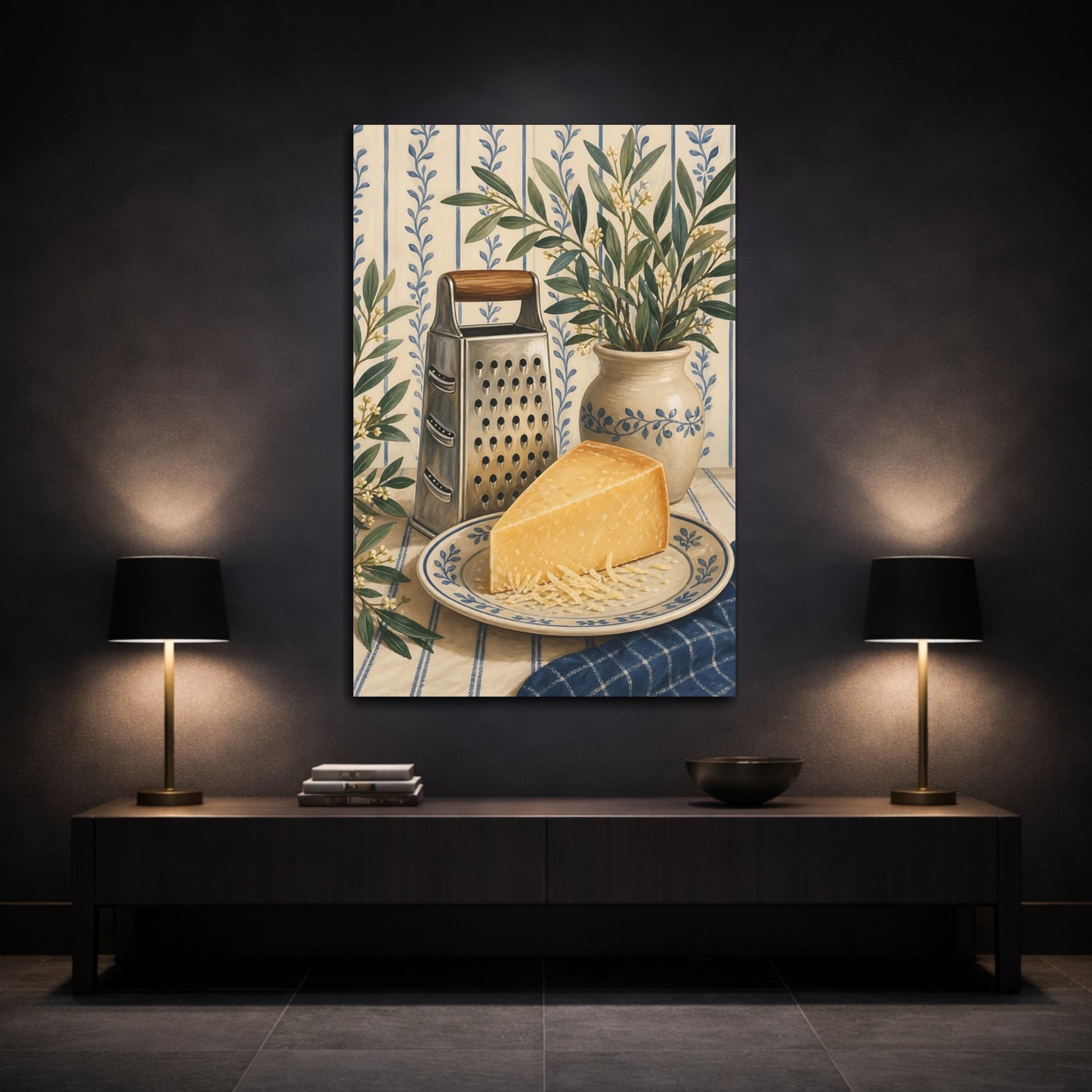 Mockup 3. Vintage Parmesan Cheese Blue And Yellow Kitchen shown as stretched canvas wall art