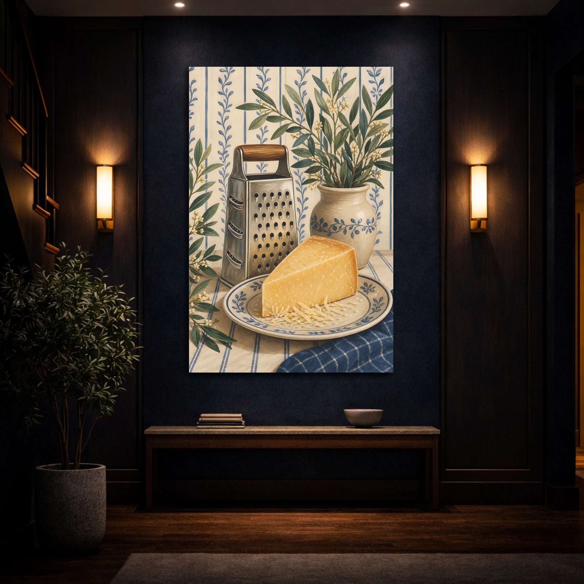 Mockup 4. Vintage Parmesan Cheese Blue And Yellow Kitchen shown as stretched canvas wall art