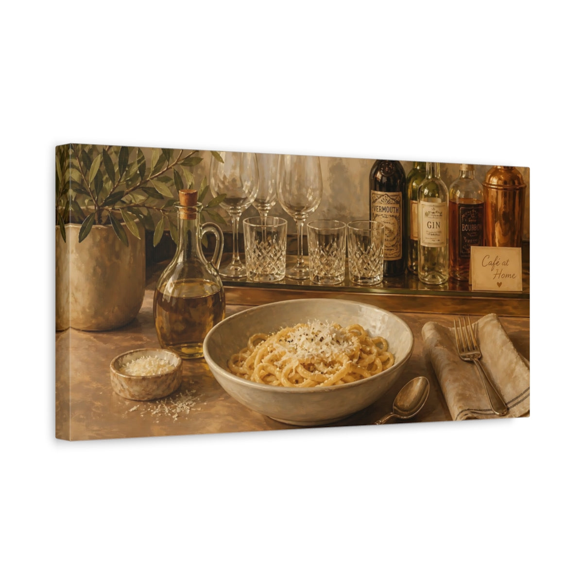 Side Mockup 3. Vintage Pasta Warm Brown Still Life shown as canvas print