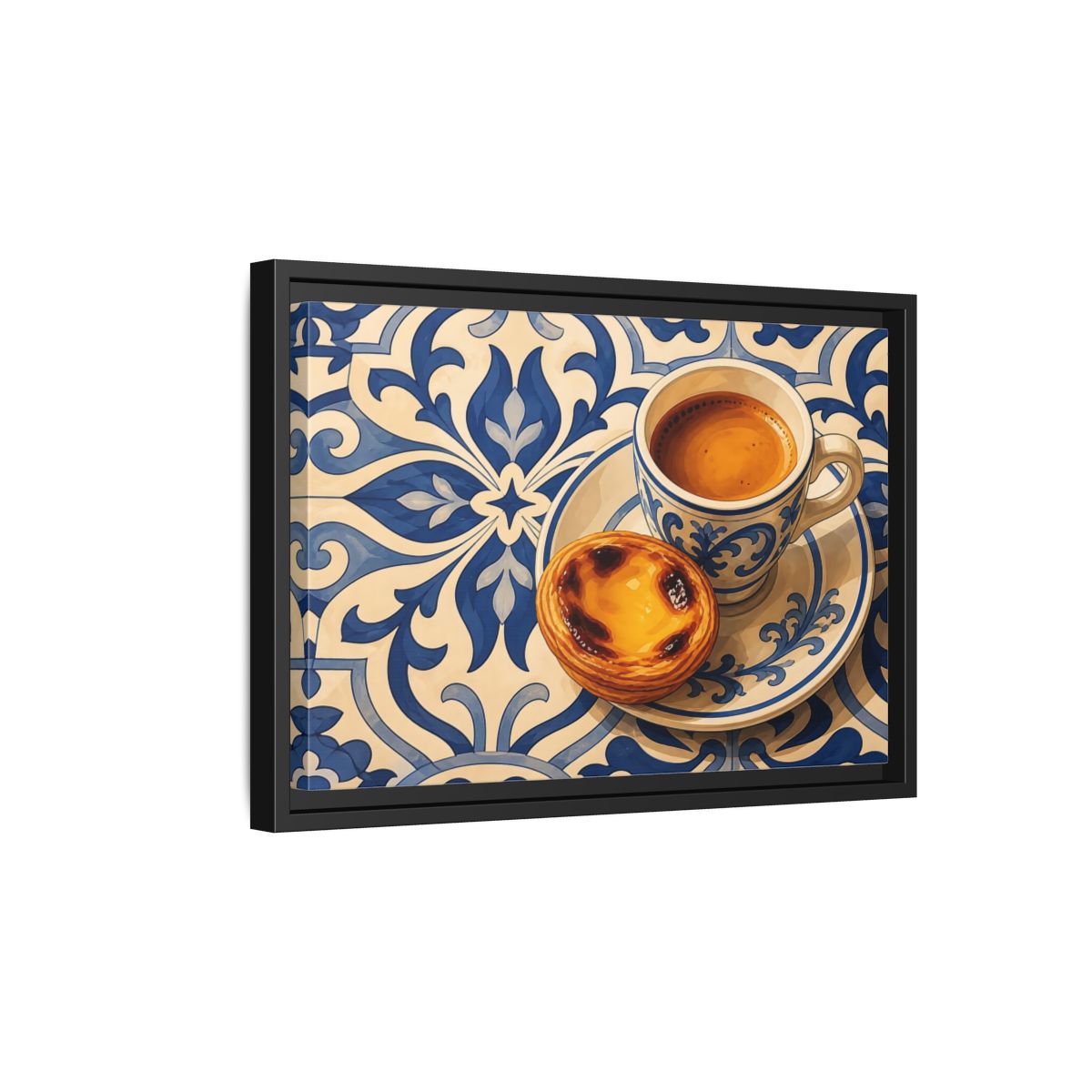 Side Mockup 6. Vintage Pastel De Nata Blue And Yellow shown as stretched canvas wall art