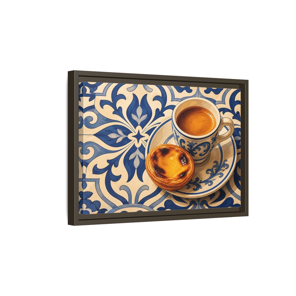 Side Mockup 5. Vintage Pastel De Nata Blue And Yellow shown as stretched canvas wall art