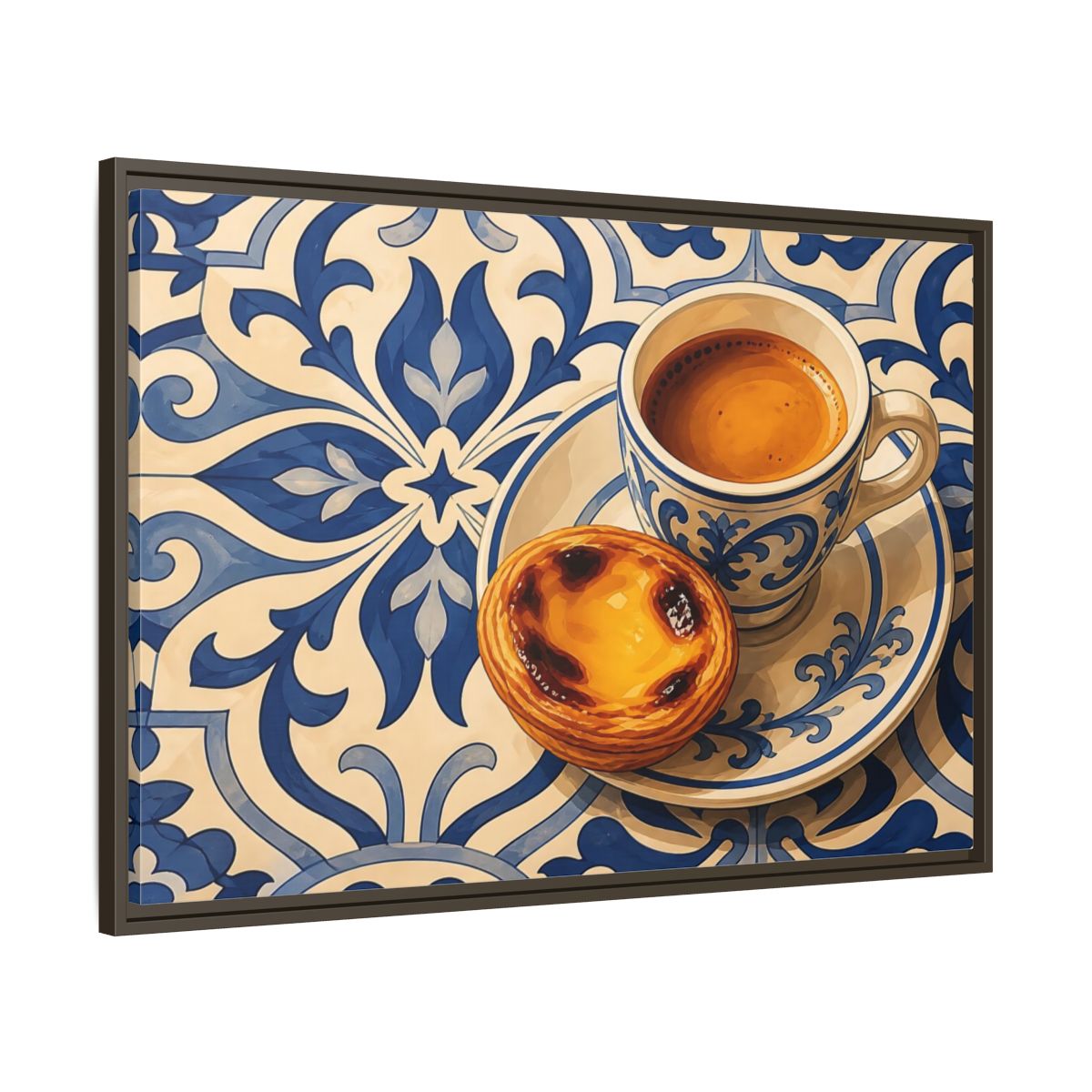 Main Mockup. Vintage Pastel De Nata Blue And Yellow shown as stretched canvas wall art