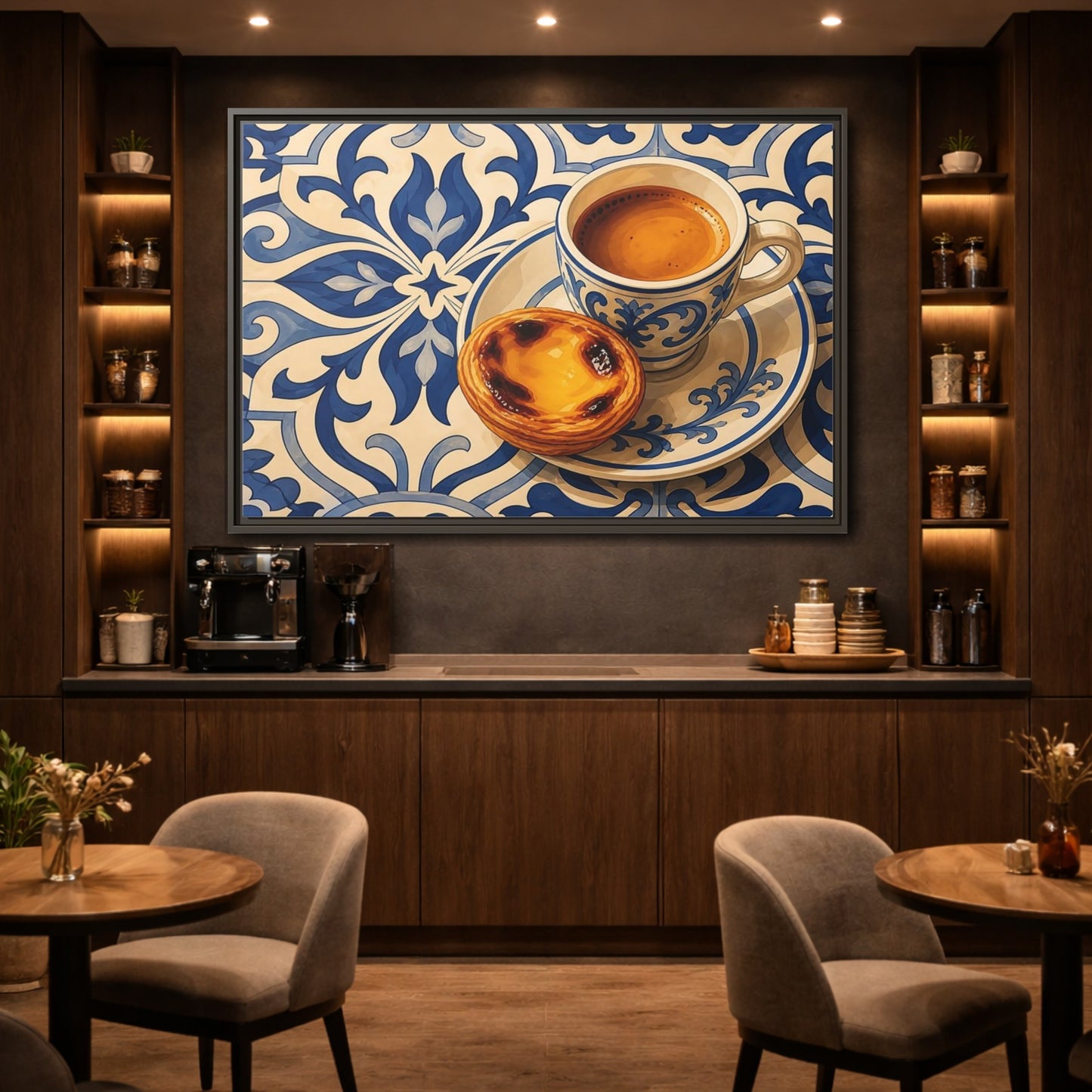 Mockup 2. Vintage Pastel De Nata Blue And Yellow shown as stretched canvas wall art