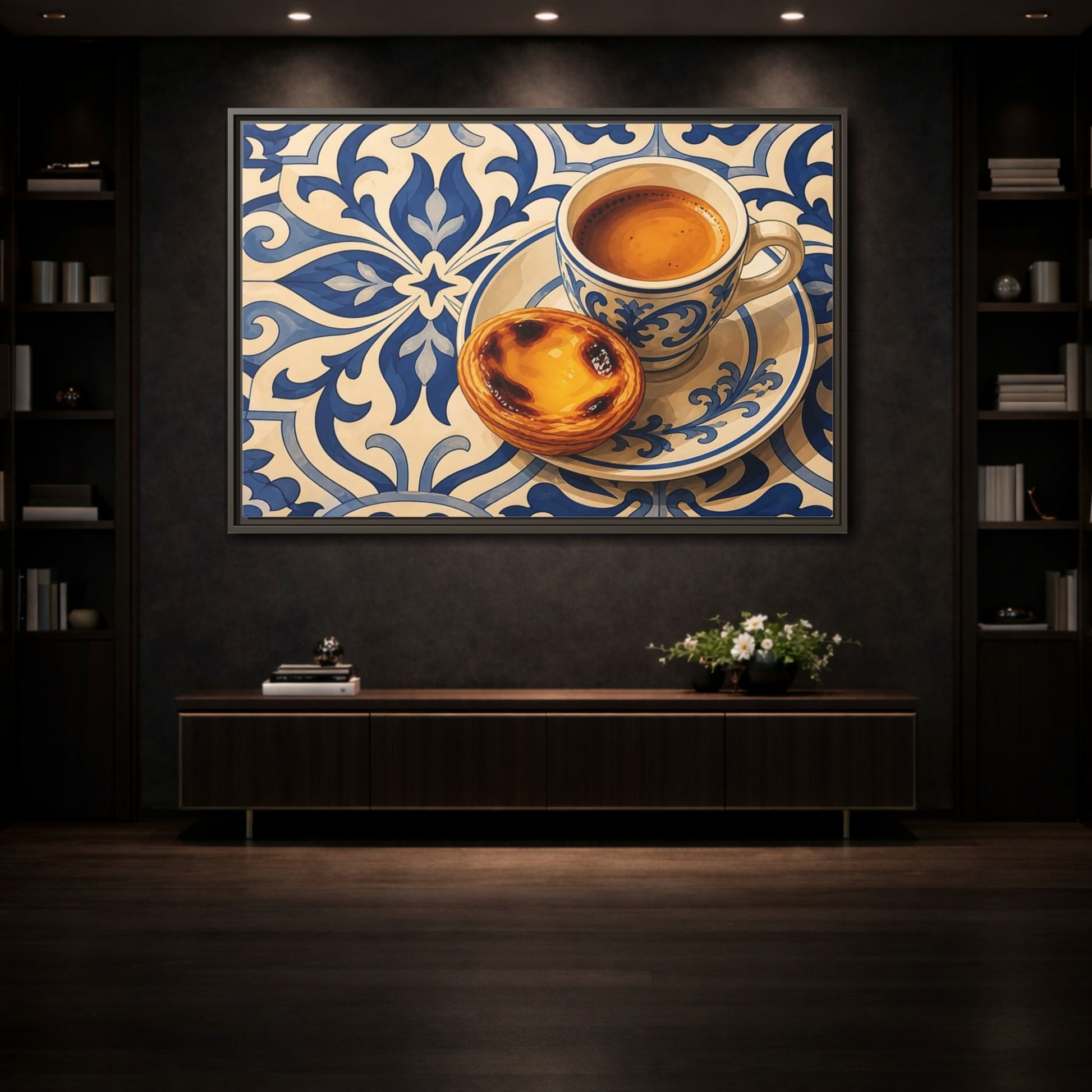 Mockup 3. Vintage Pastel De Nata Blue And Yellow shown as stretched canvas wall art