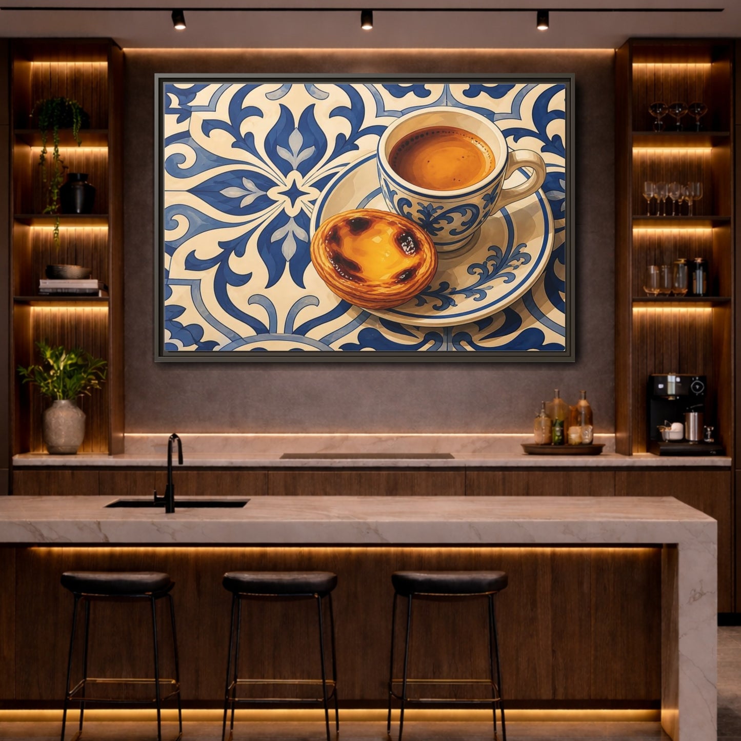 Mockup 4. Vintage Pastel De Nata Blue And Yellow shown as stretched canvas wall art
