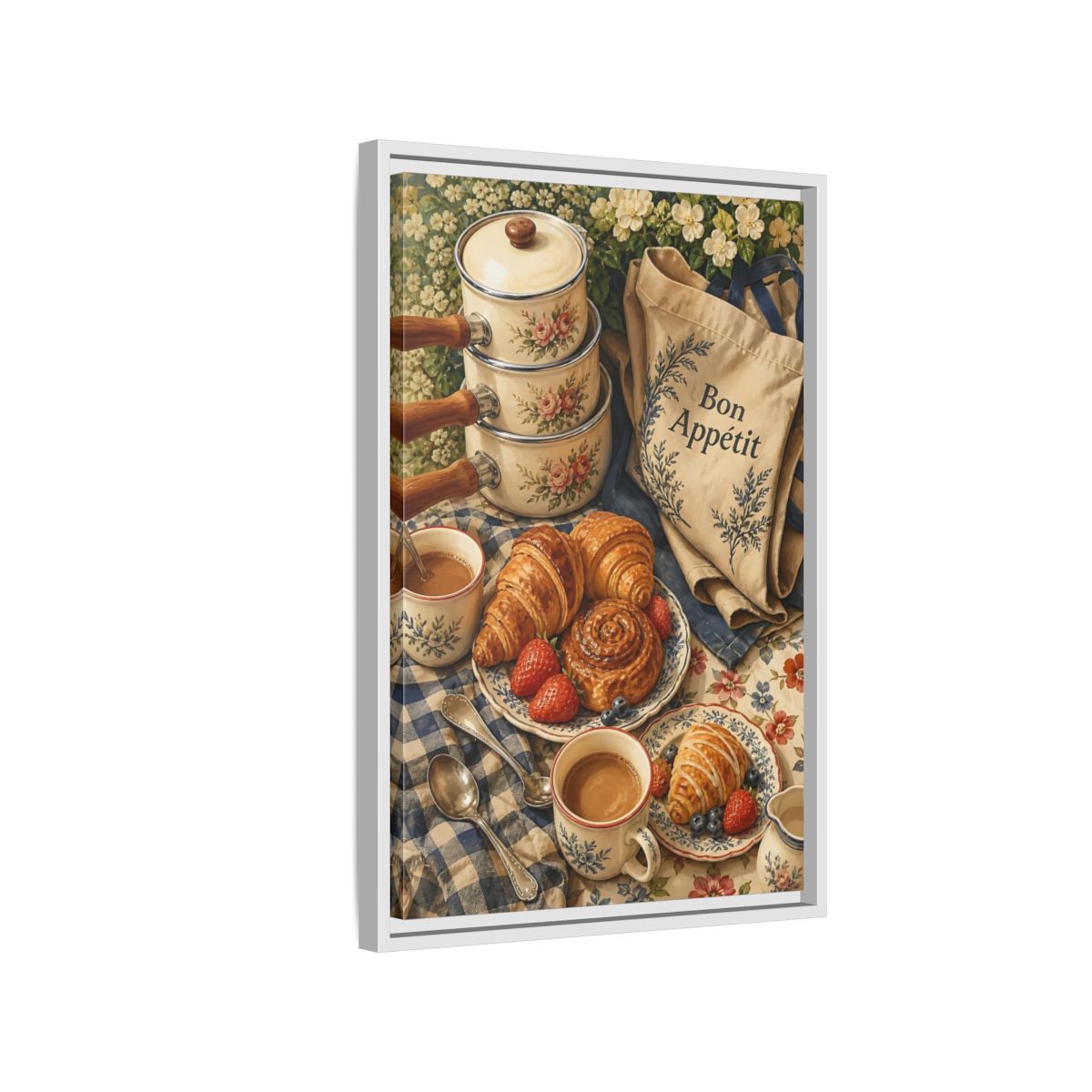 Side Mockup 1. Vintage Pastries Vintage Breakfast shown as framed canvas print