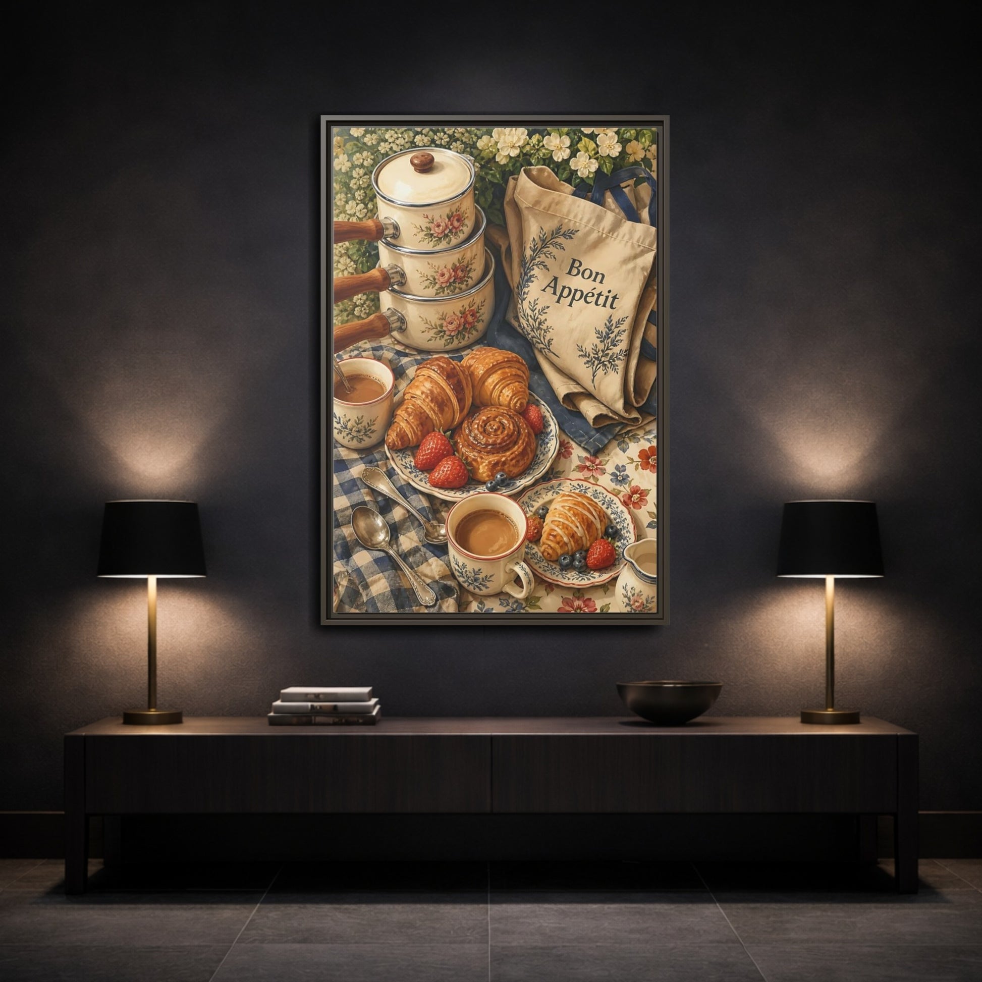 Mockup 3. Vintage Pastries Vintage Breakfast shown as framed canvas print