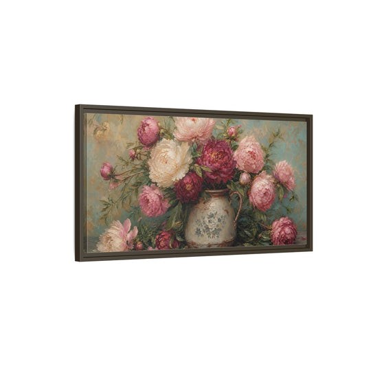 Main Mockup. Vintage Peony Bouquet shown as framed canvas print