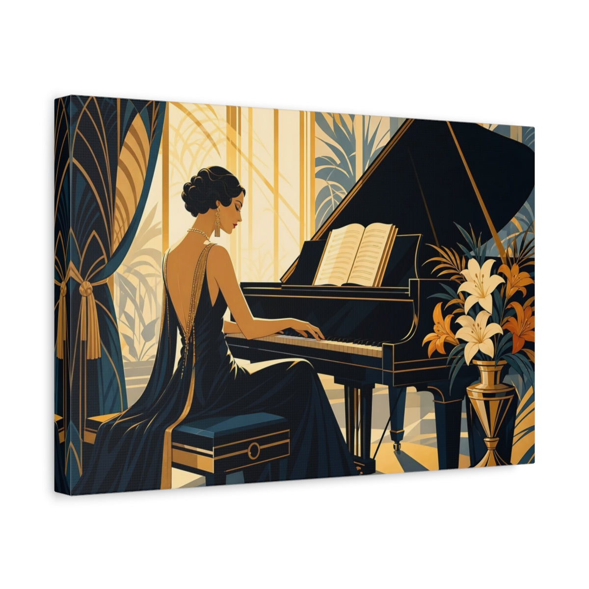 Side Mockup 4. Vintage Pianist Blue Gold Art Deco shown as canvas print