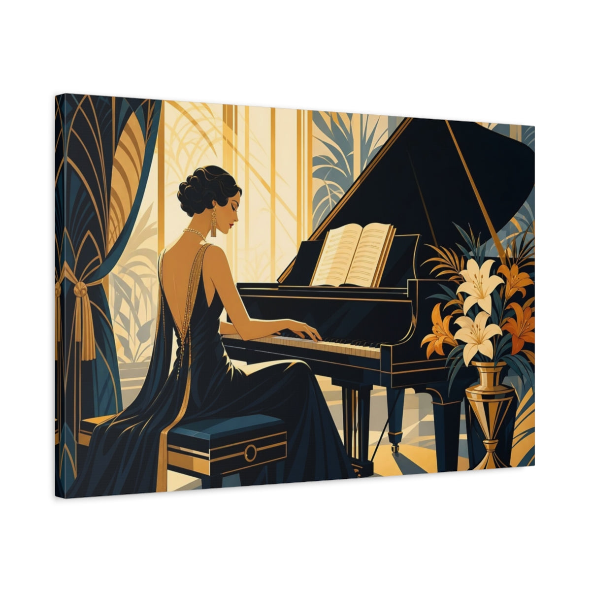 Side Mockup 2. Vintage Pianist Blue Gold Art Deco shown as canvas print