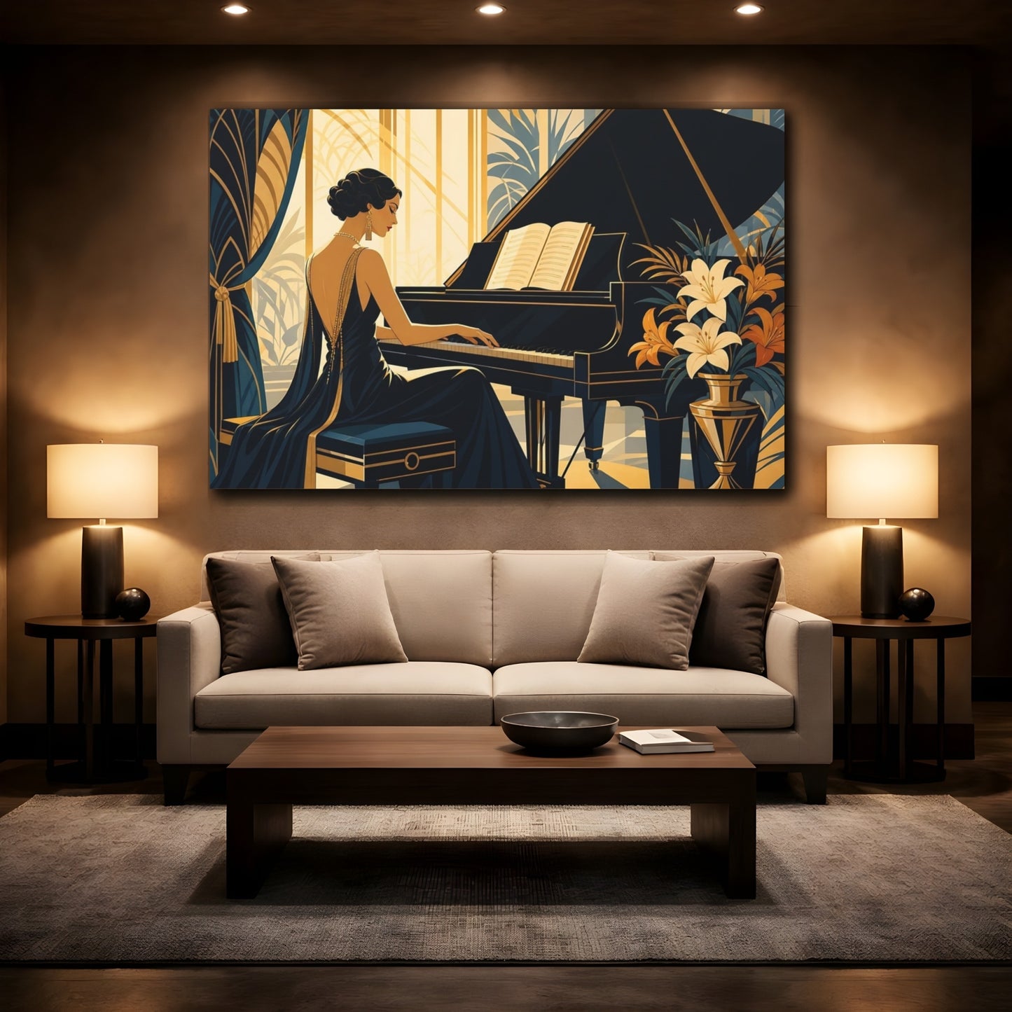 Mockup 2. Vintage Pianist Blue Gold Art Deco shown as canvas print