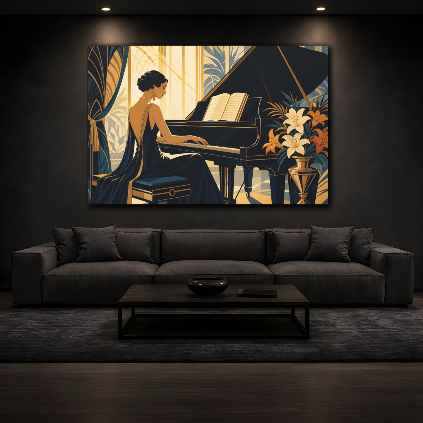 Mockup 3. Vintage Pianist Blue Gold Art Deco shown as canvas print