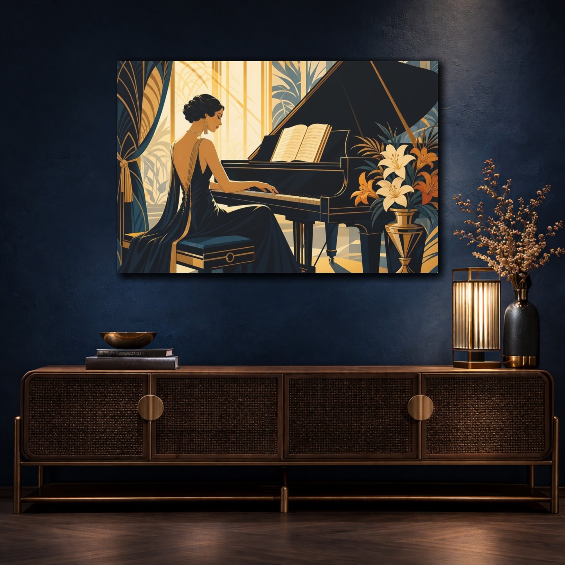Mockup 4. Vintage Pianist Blue Gold Art Deco shown as canvas print