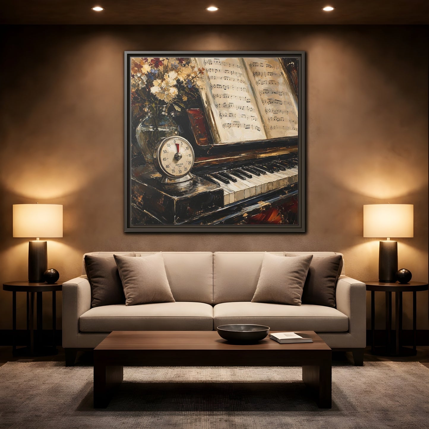 Mockup 2. Vintage Piano Classical Piano Still Life shown as framed canvas print
