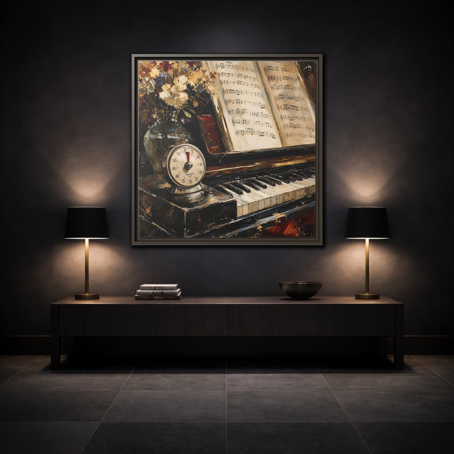 Mockup 3. Vintage Piano Classical Piano Still Life shown as framed canvas print