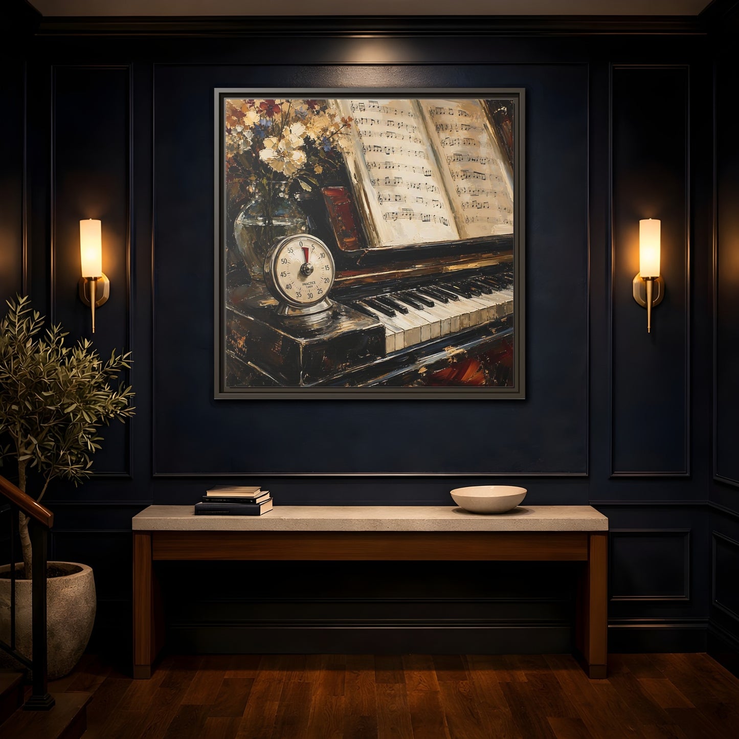 Mockup 4. Vintage Piano Classical Piano Still Life shown as framed canvas print