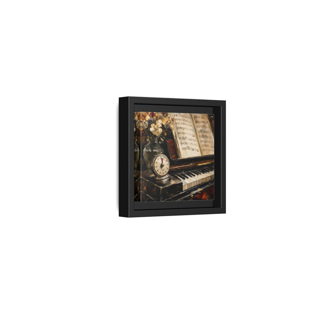 Side Mockup 24. Vintage Piano Classical Piano Still Life shown as framed canvas print