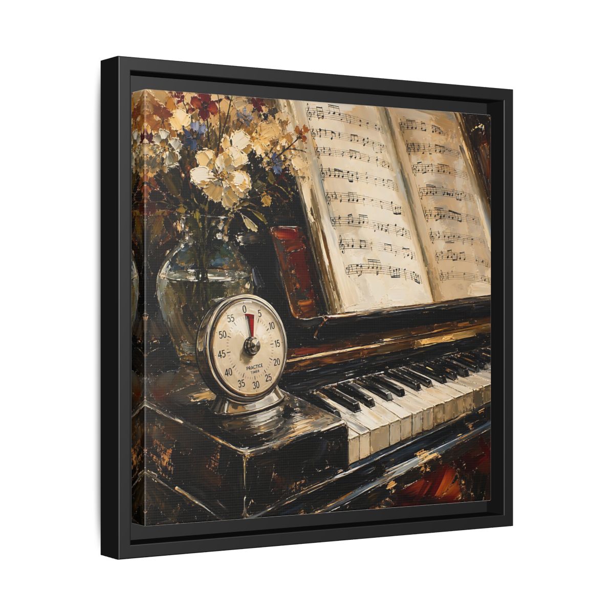 Side Mockup 32. Vintage Piano Classical Piano Still Life shown as framed canvas print