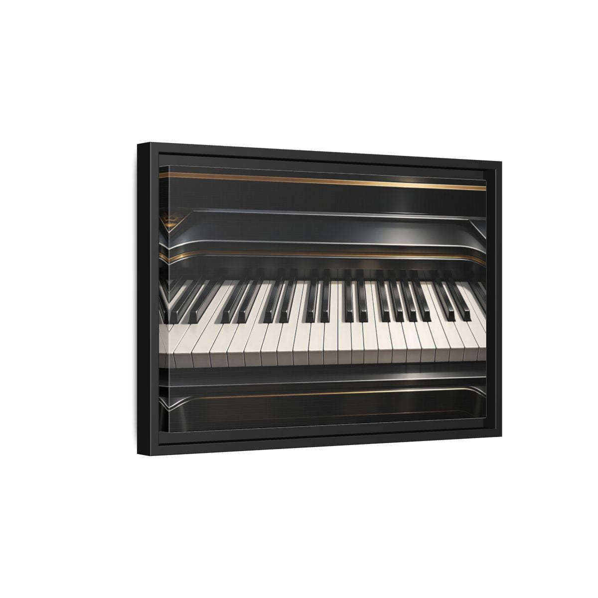 Side Mockup 6. Vintage Piano Keyboard Black And Gold Piano shown as stretched canvas wall art