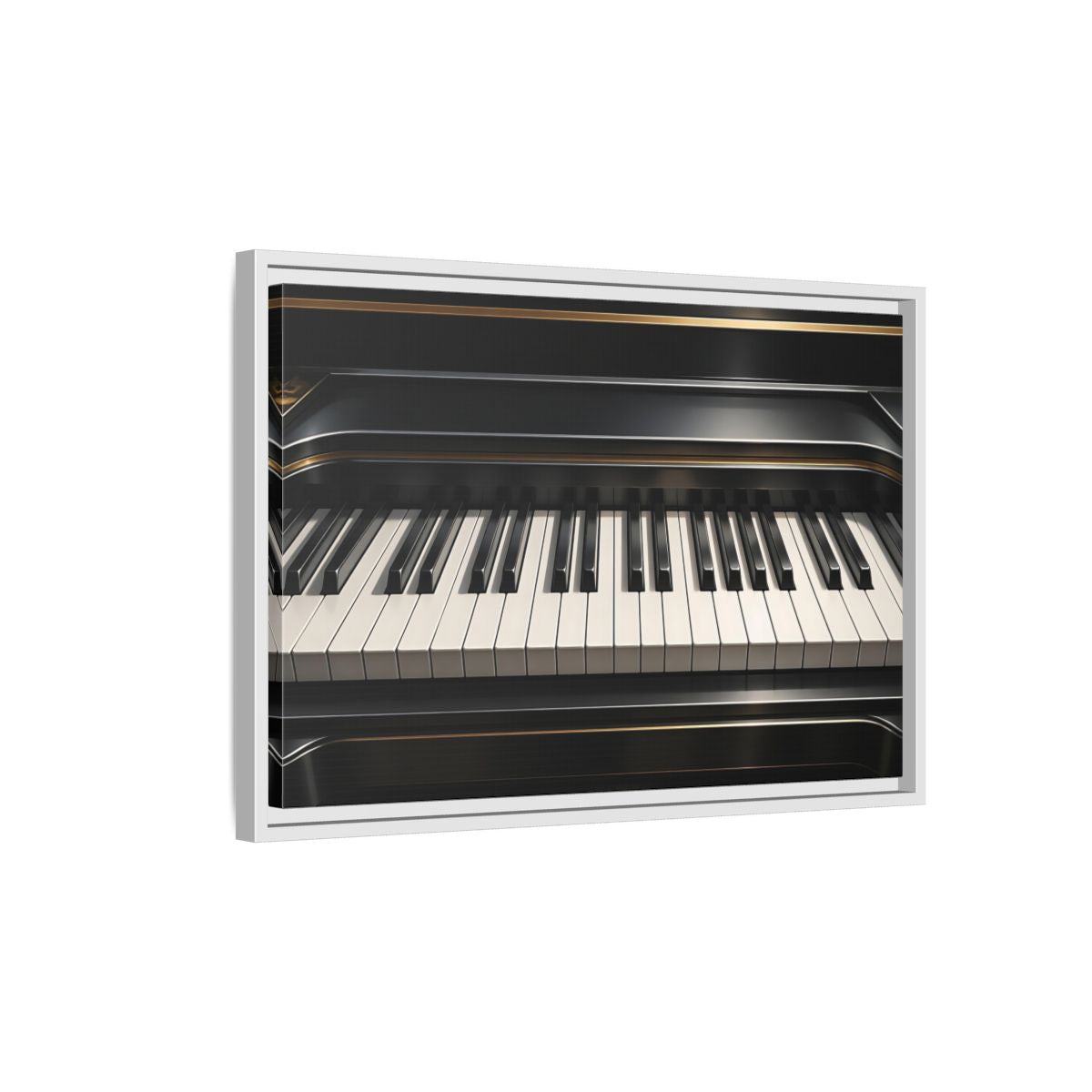 Side Mockup 1. Vintage Piano Keyboard Black And Gold Piano shown as stretched canvas wall art