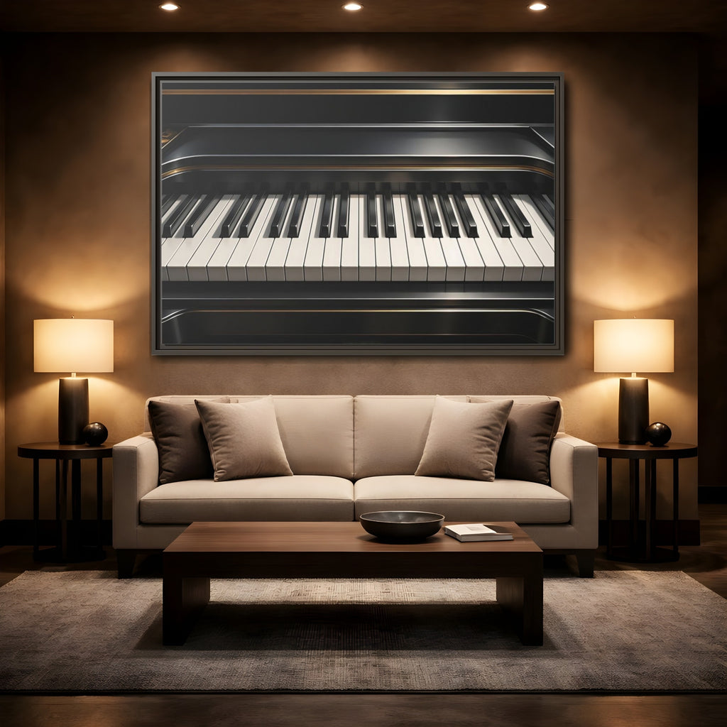 Mockup 2. Vintage Piano Keyboard Black And Gold Piano shown as stretched canvas wall art