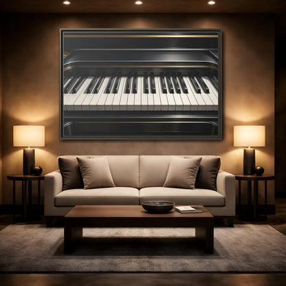 Mockup 2. Vintage Piano Keyboard Black And Gold Piano shown as stretched canvas wall art