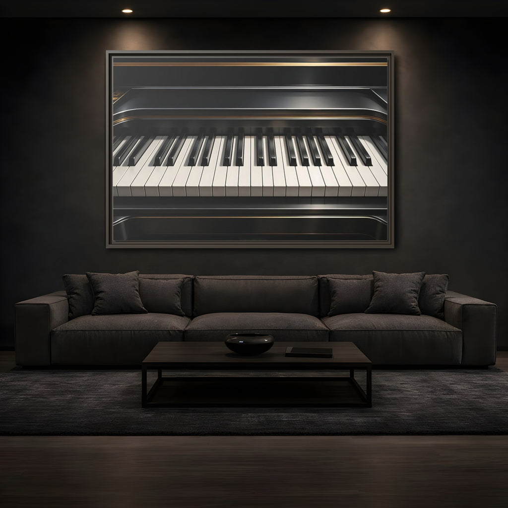 Mockup 3. Vintage Piano Keyboard Black And Gold Piano shown as stretched canvas wall art