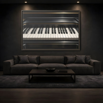 Mockup 3. Vintage Piano Keyboard Black And Gold Piano shown as stretched canvas wall art