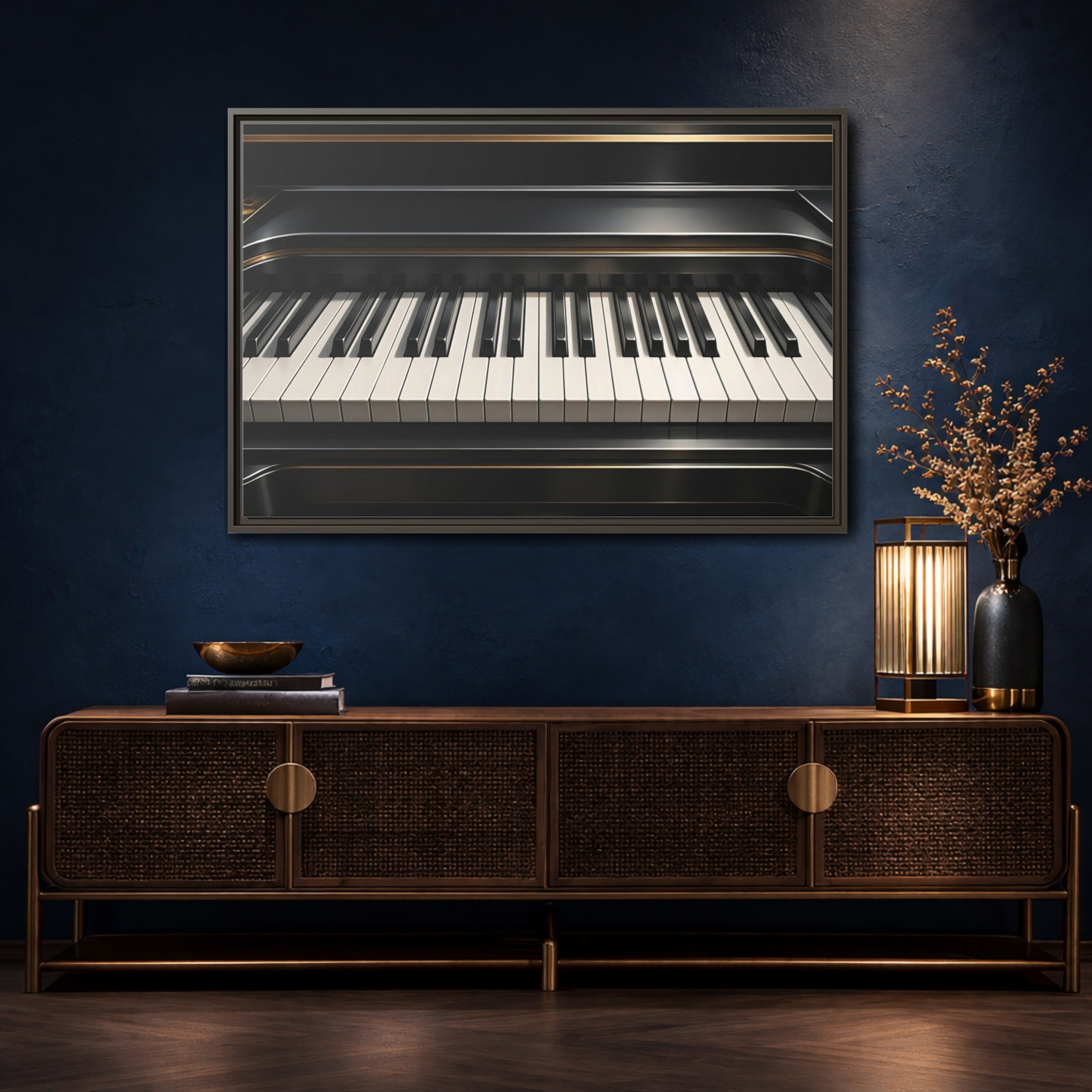 Mockup 4. Vintage Piano Keyboard Black And Gold Piano shown as stretched canvas wall art