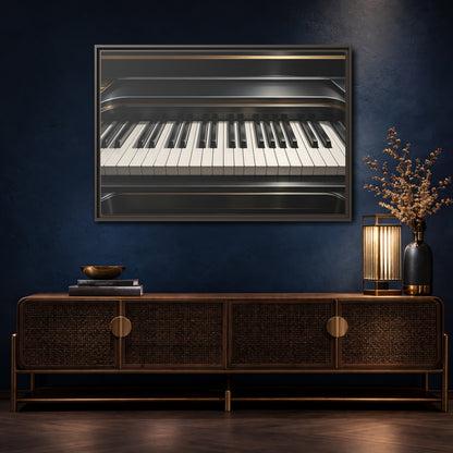 Mockup 4. Vintage Piano Keyboard Black And Gold Piano shown as stretched canvas wall art