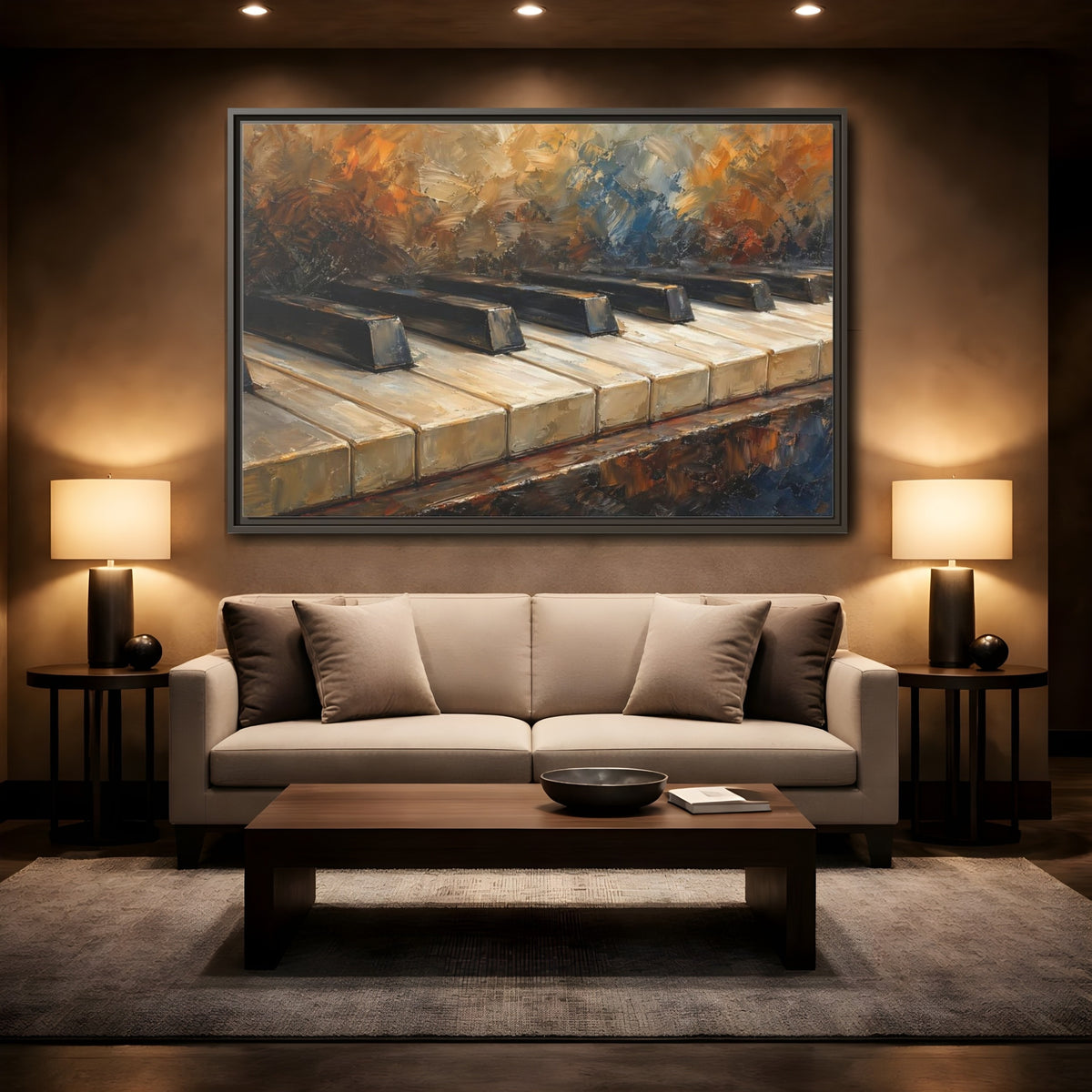 Mockup 2. Vintage Piano Keys Warm Tones Piano shown as stretched canvas wall art