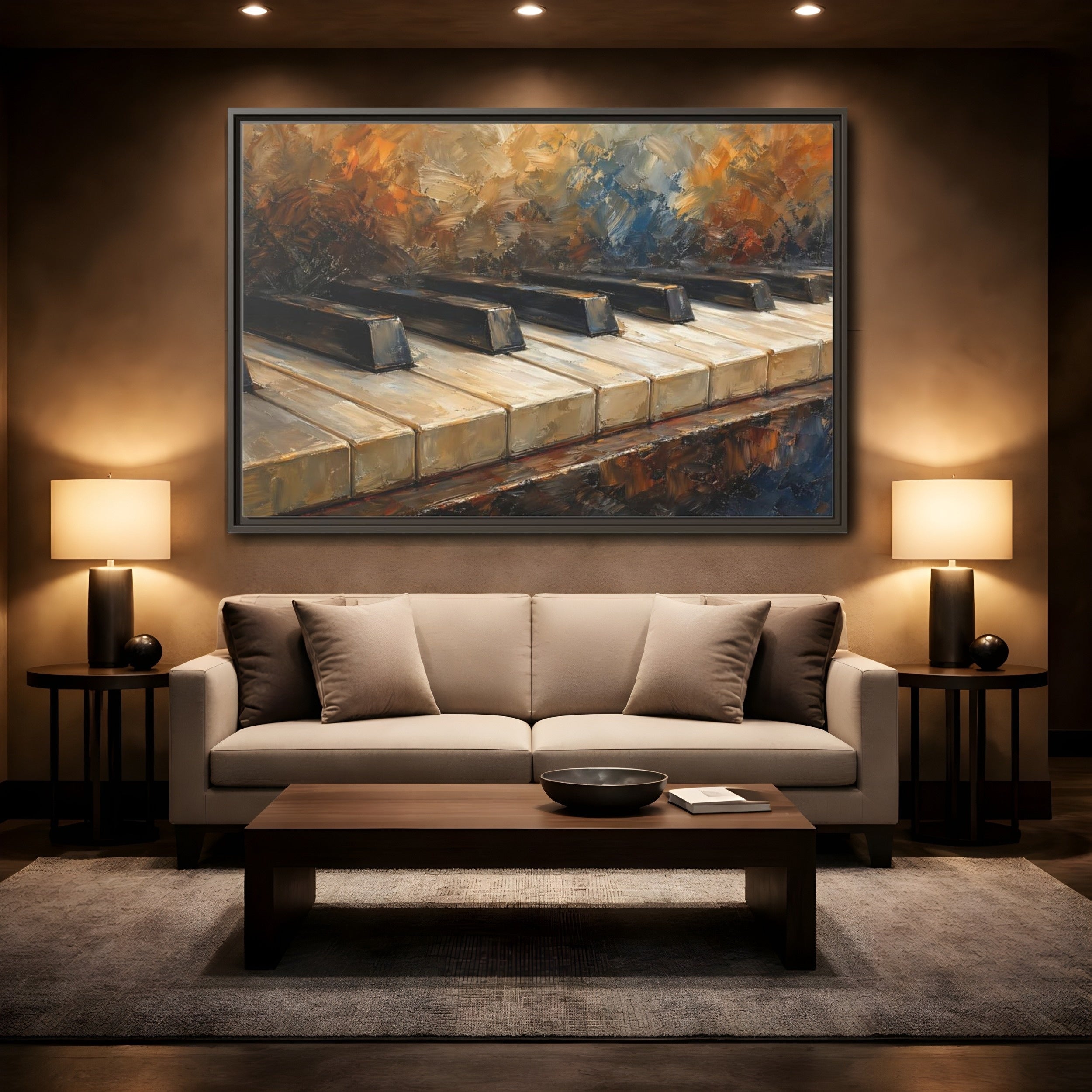Mockup 2. Vintage Piano Keys Warm Tones Piano shown as stretched canvas wall art