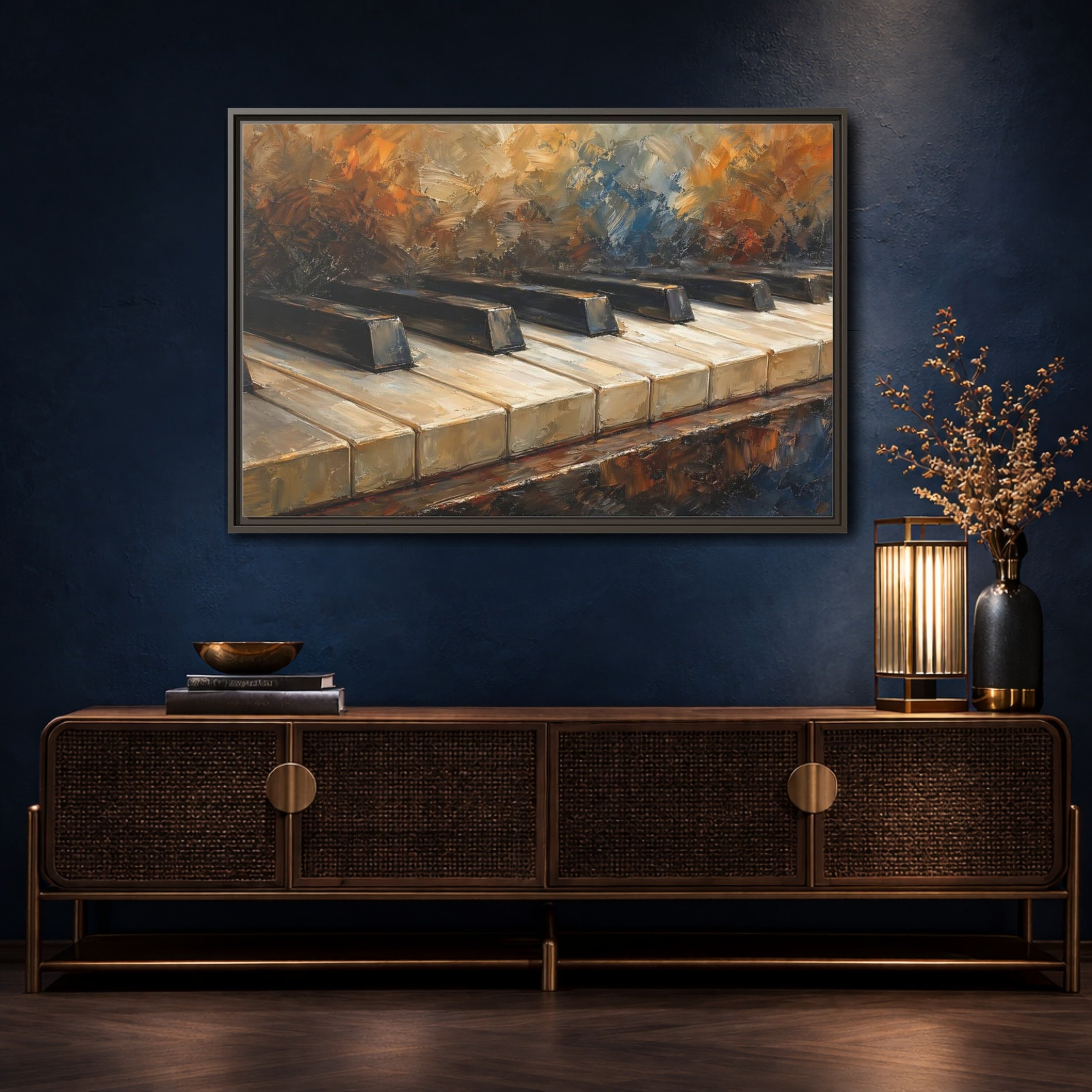 Mockup 4. Vintage Piano Keys Warm Tones Piano shown as stretched canvas wall art