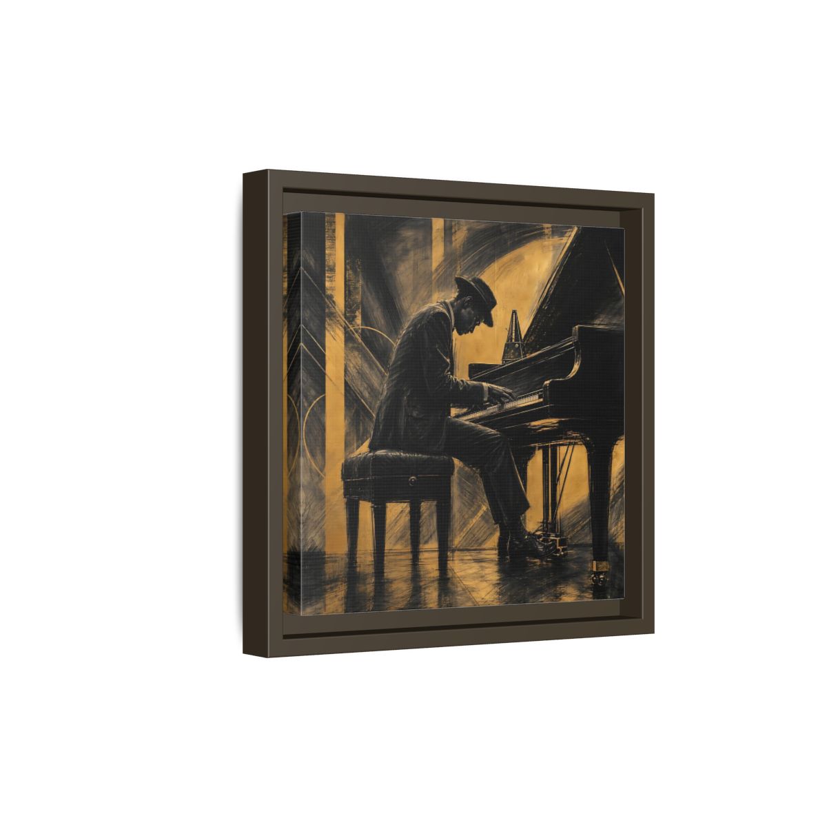 Side Mockup 20. Vintage Piano Player Black Gold Musician shown as framed canvas print
