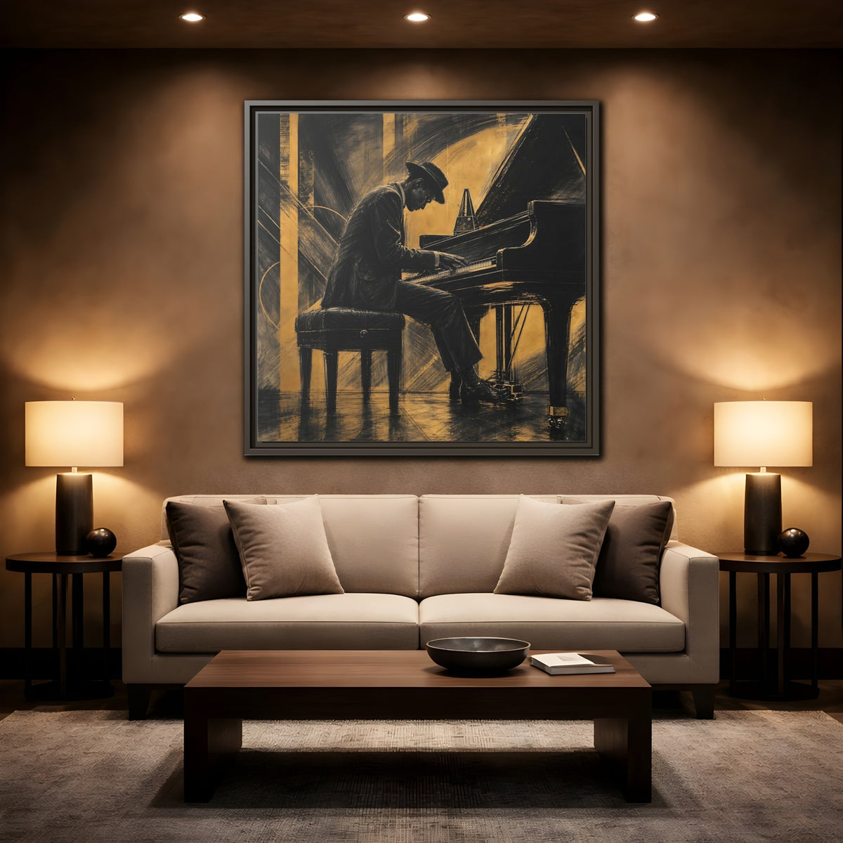 Mockup 2. Vintage Piano Player Black Gold Musician shown as framed canvas print