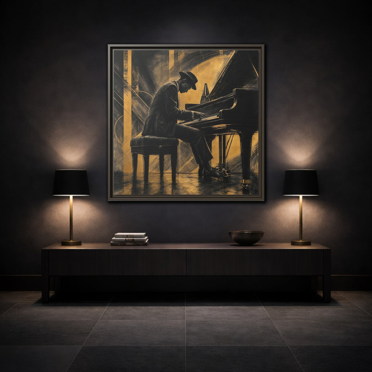 Mockup 3. Vintage Piano Player Black Gold Musician shown as framed canvas print