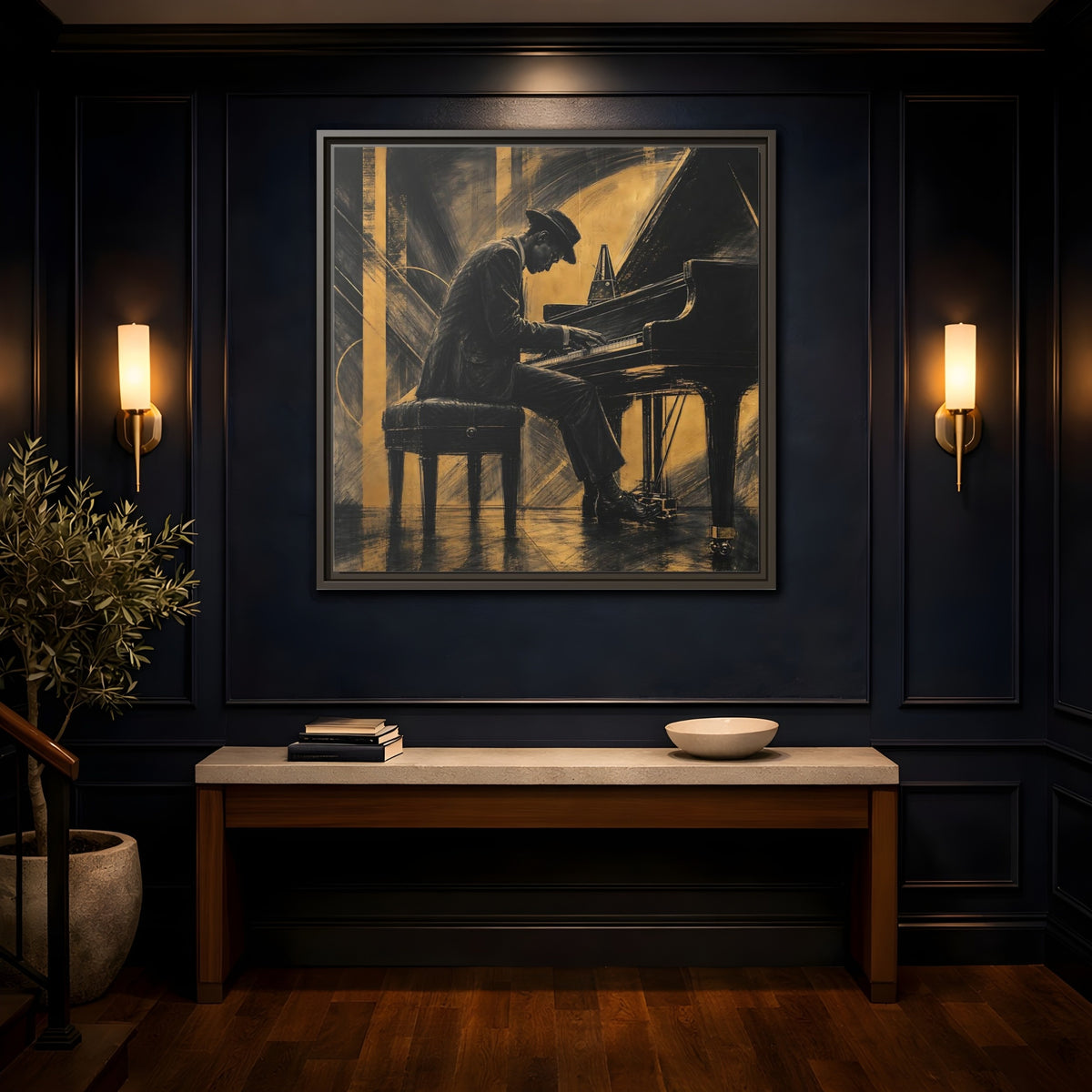 Mockup 4. Vintage Piano Player Black Gold Musician shown as framed canvas print