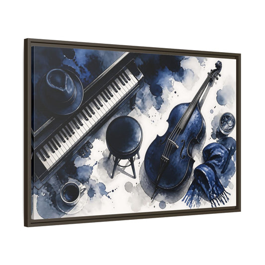 Main Mockup. Vintage Piano, Cello Blue Music Instruments shown as framed canvas print