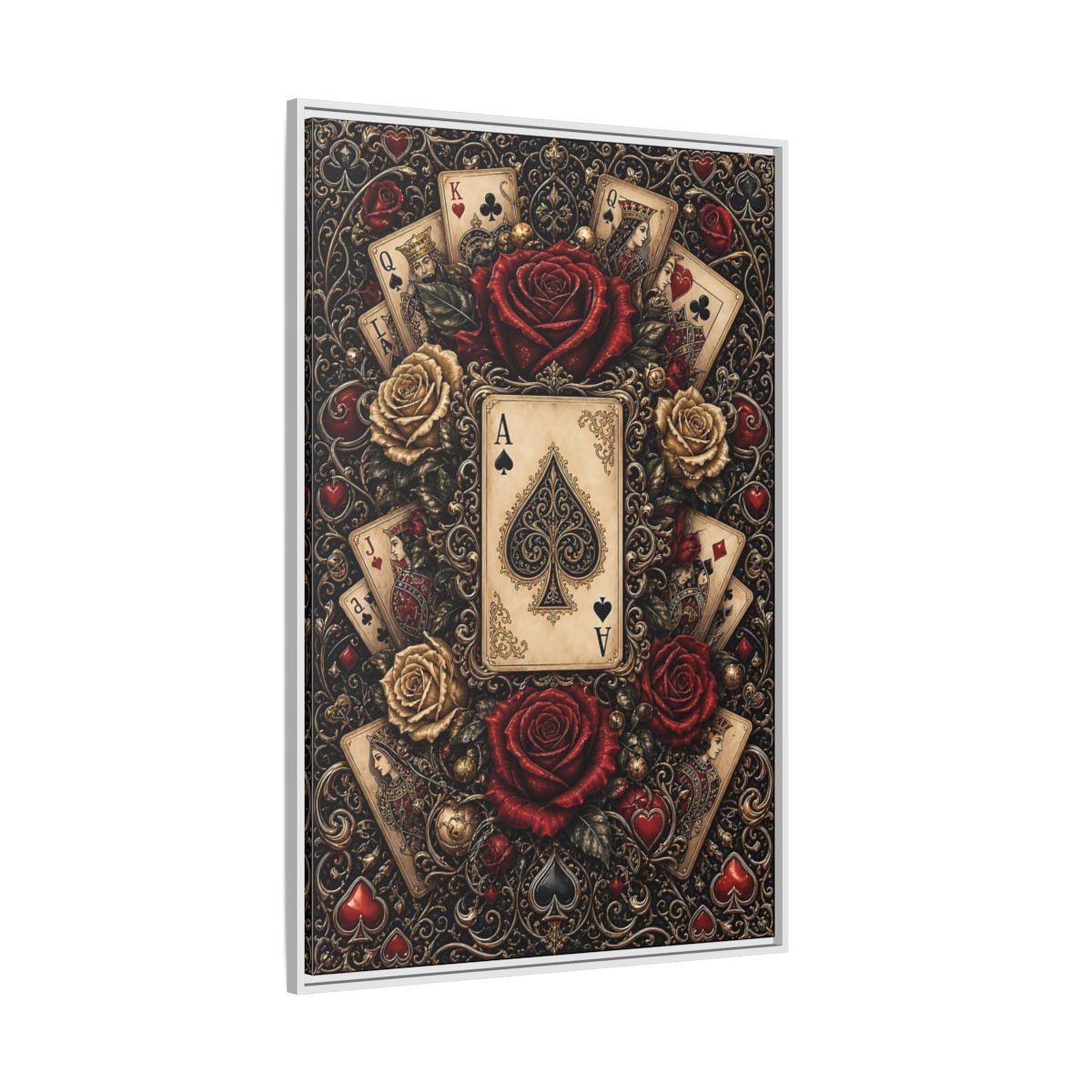 Side Mockup 7. Vintage Playing Cards Red Gold Playing Cards shown as stretched canvas wall art