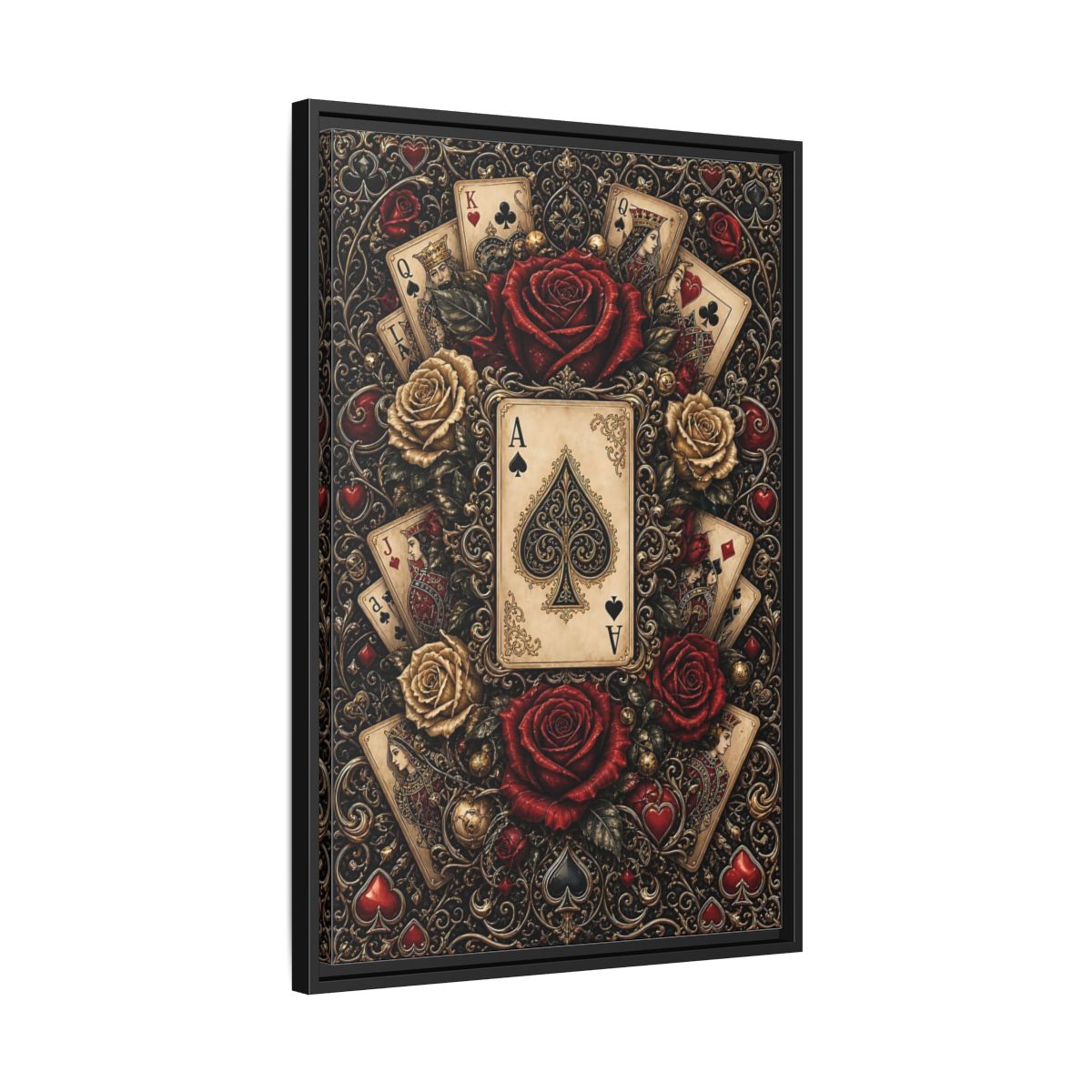 Side Mockup 14. Vintage Playing Cards Red Gold Playing Cards shown as stretched canvas wall art
