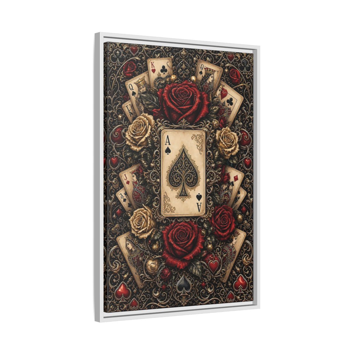 Side Mockup 10. Vintage Playing Cards Red Gold Playing Cards shown as stretched canvas wall art
