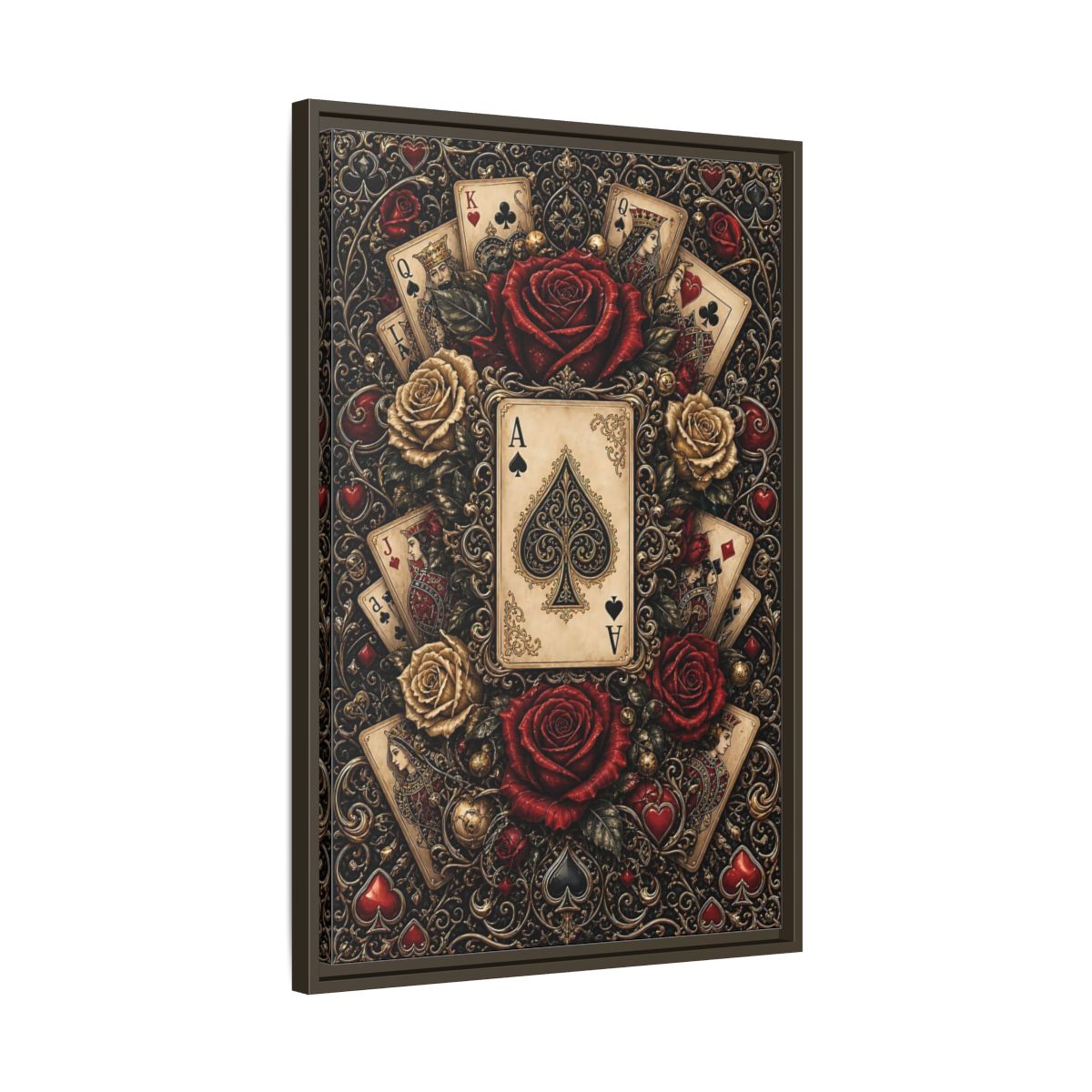 Side Mockup 11. Vintage Playing Cards Red Gold Playing Cards shown as stretched canvas wall art