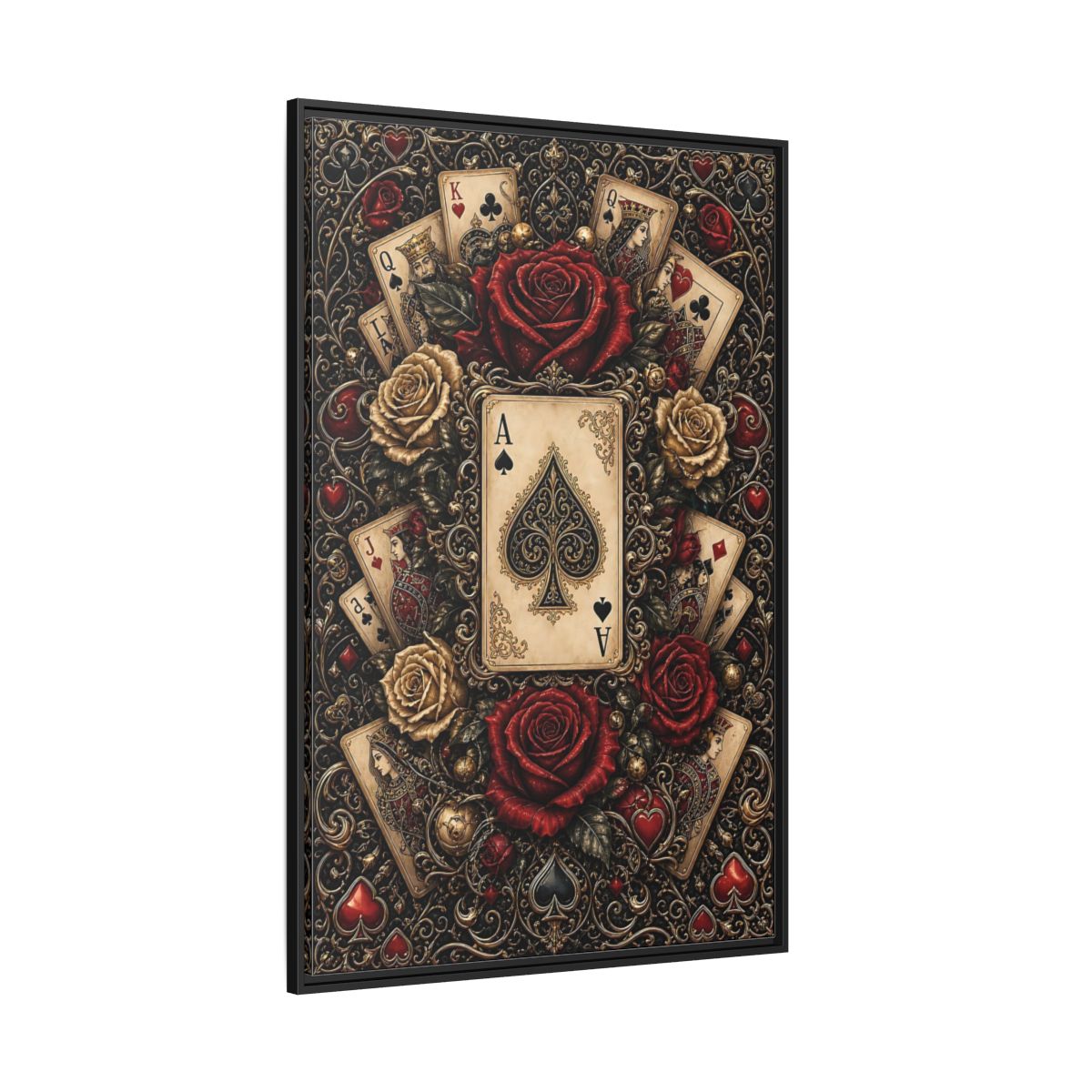 Side Mockup 12. Vintage Playing Cards Red Gold Playing Cards shown as stretched canvas wall art