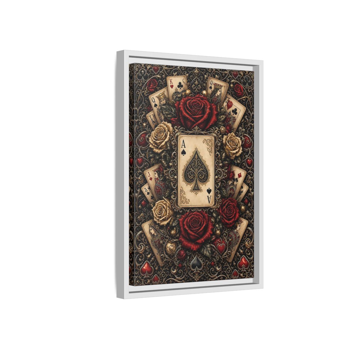 Side Mockup 4. Vintage Playing Cards Red Gold Playing Cards shown as stretched canvas wall art