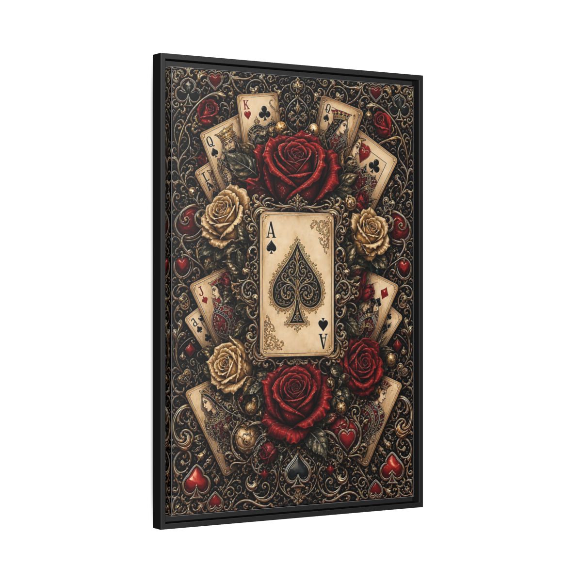 Side Mockup 13. Vintage Playing Cards Red Gold Playing Cards shown as stretched canvas wall art