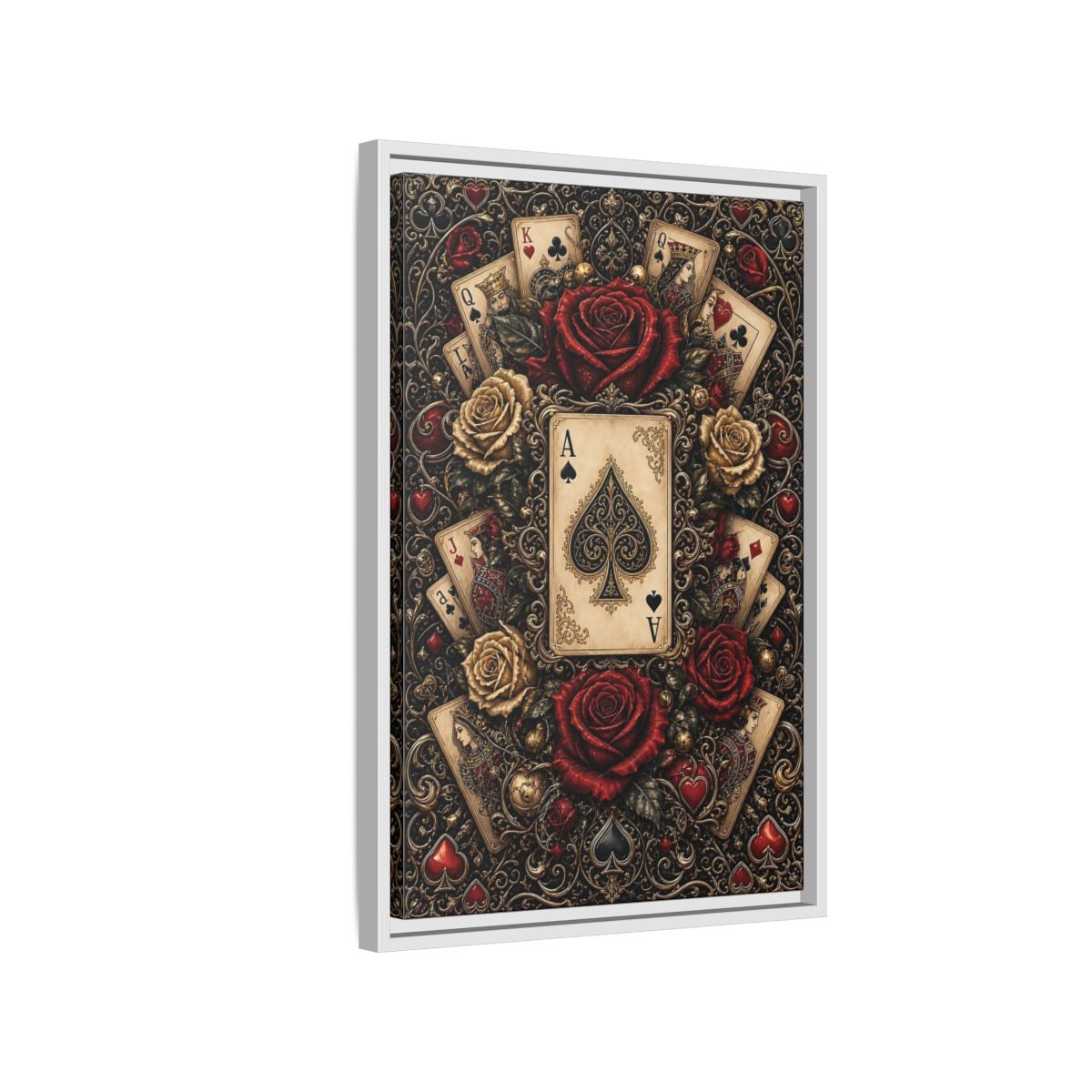 Side Mockup 1. Vintage Playing Cards Red Gold Playing Cards shown as stretched canvas wall art