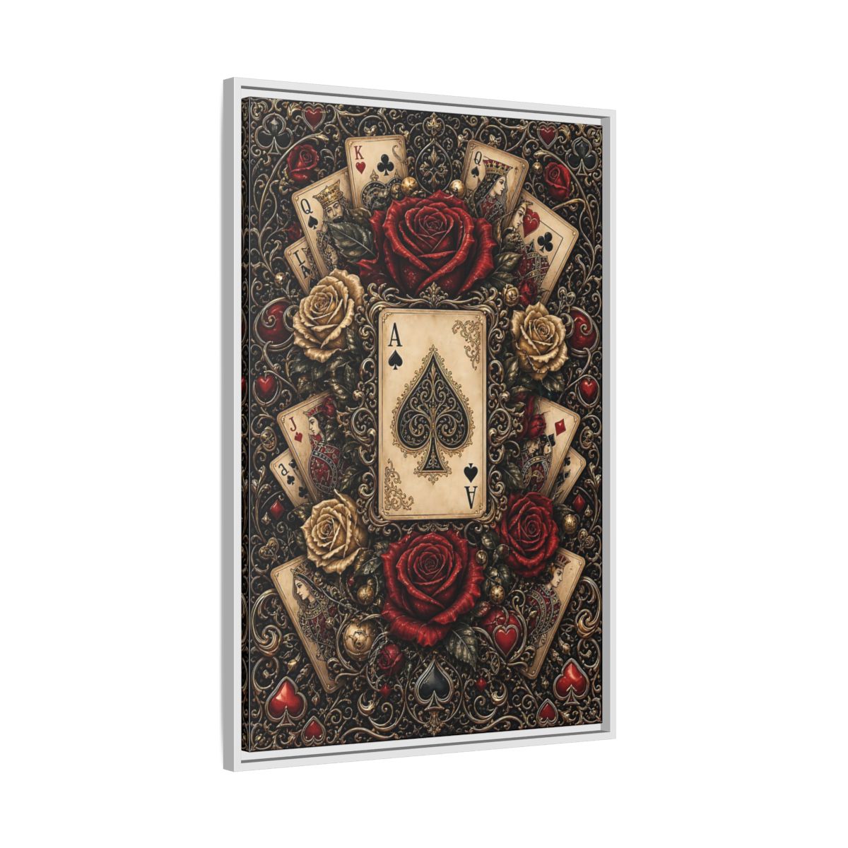 Side Mockup 9. Vintage Playing Cards Red Gold Playing Cards shown as stretched canvas wall art