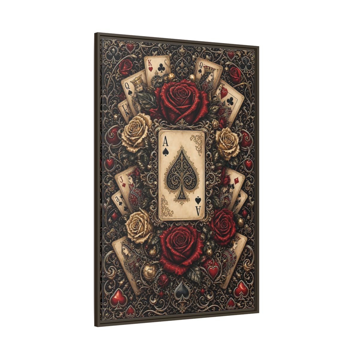 Side Mockup 8. Vintage Playing Cards Red Gold Playing Cards shown as stretched canvas wall art