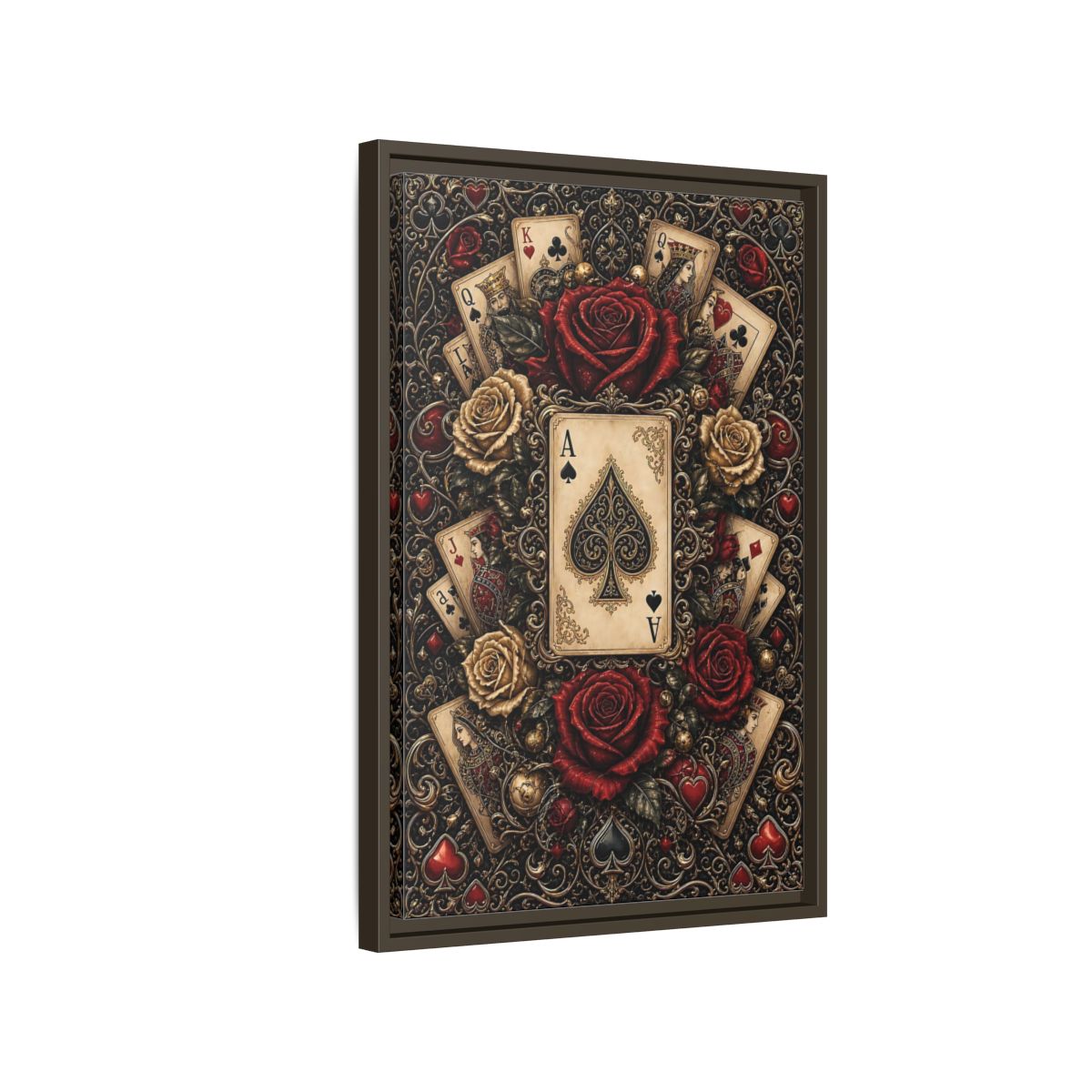 Side Mockup 2. Vintage Playing Cards Red Gold Playing Cards shown as stretched canvas wall art